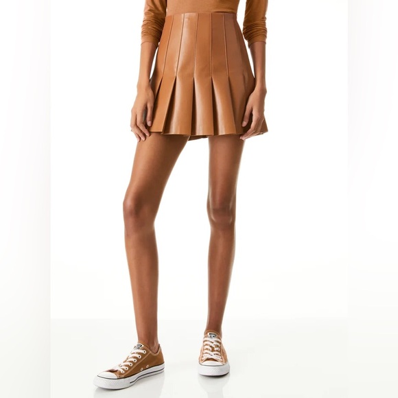 NEW Alice + Olivia Carter Vegan Camel Pleated Leather Skirt 4 - Picture 3 of 11
